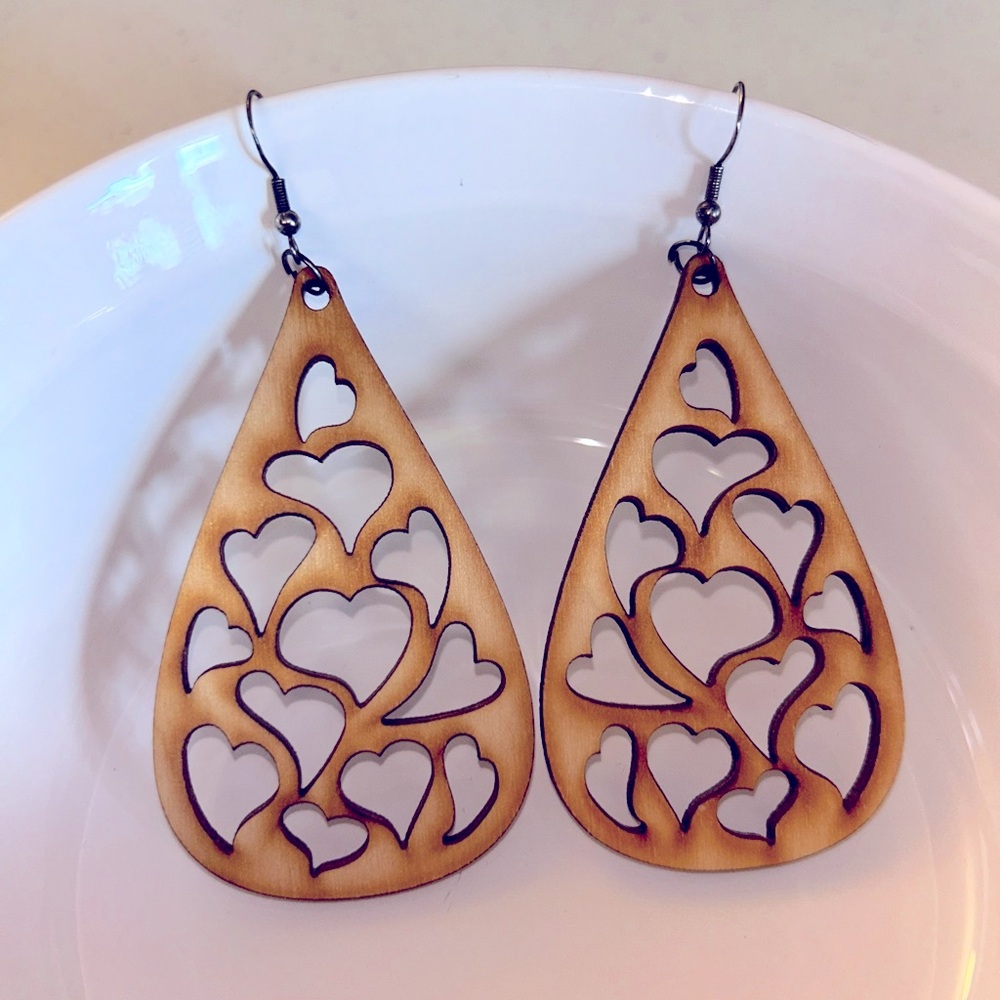 Handmade Wooden Heart Teardrop Dangle Earrings